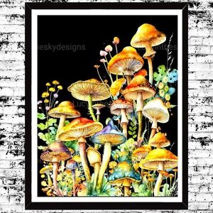 Art Print Mushroom Meeting In Black 8.5x11 Wall Decor